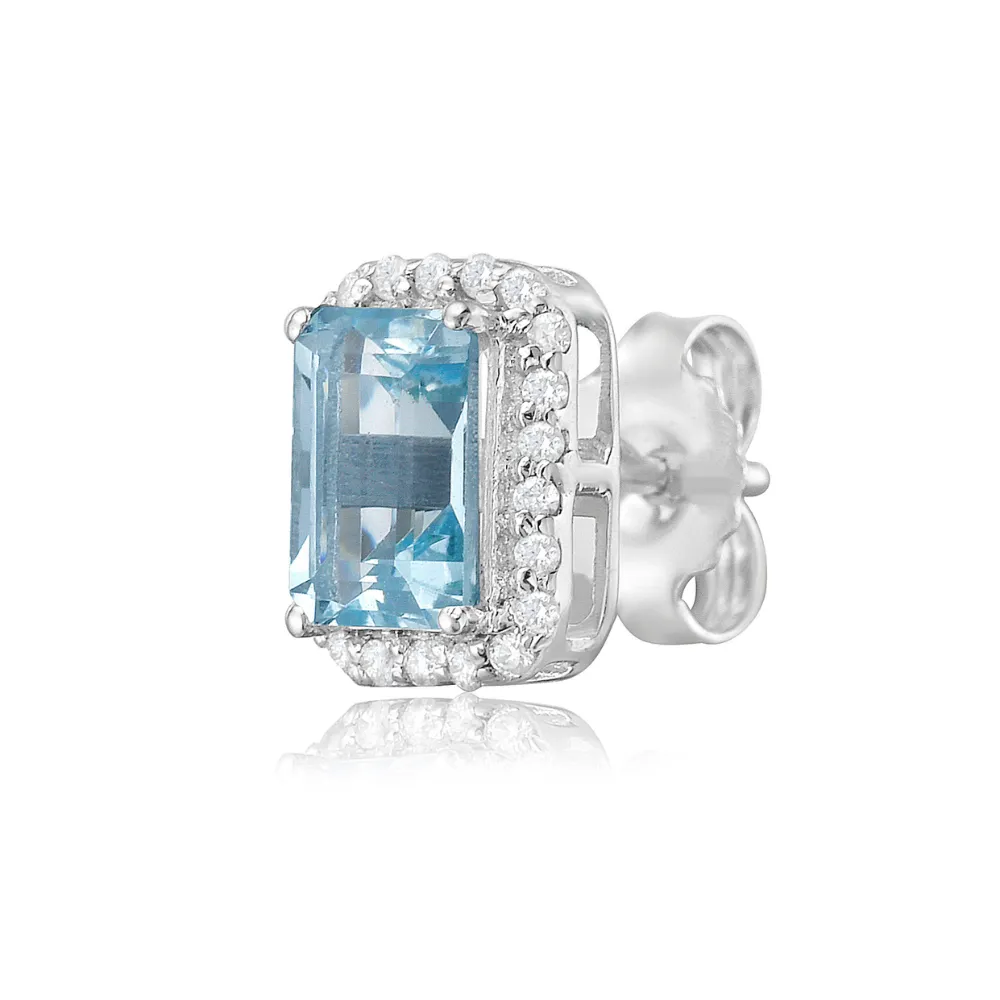 Emerald Cut Aquamarine with Diamond Halo Earrings (1.14 ct.) in 14K Gold