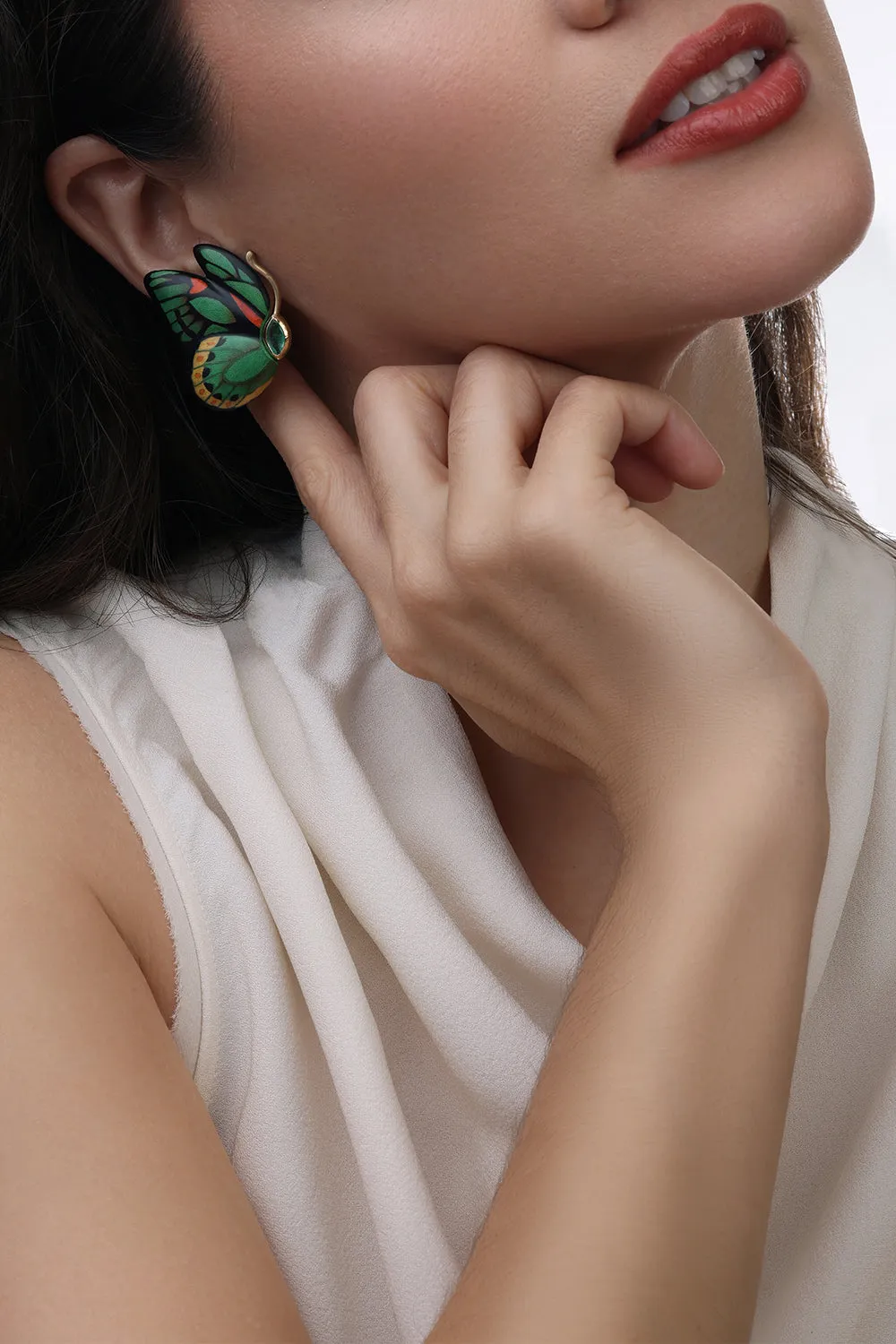 Emerald Double Wing Marquetry Butterfly Earrings