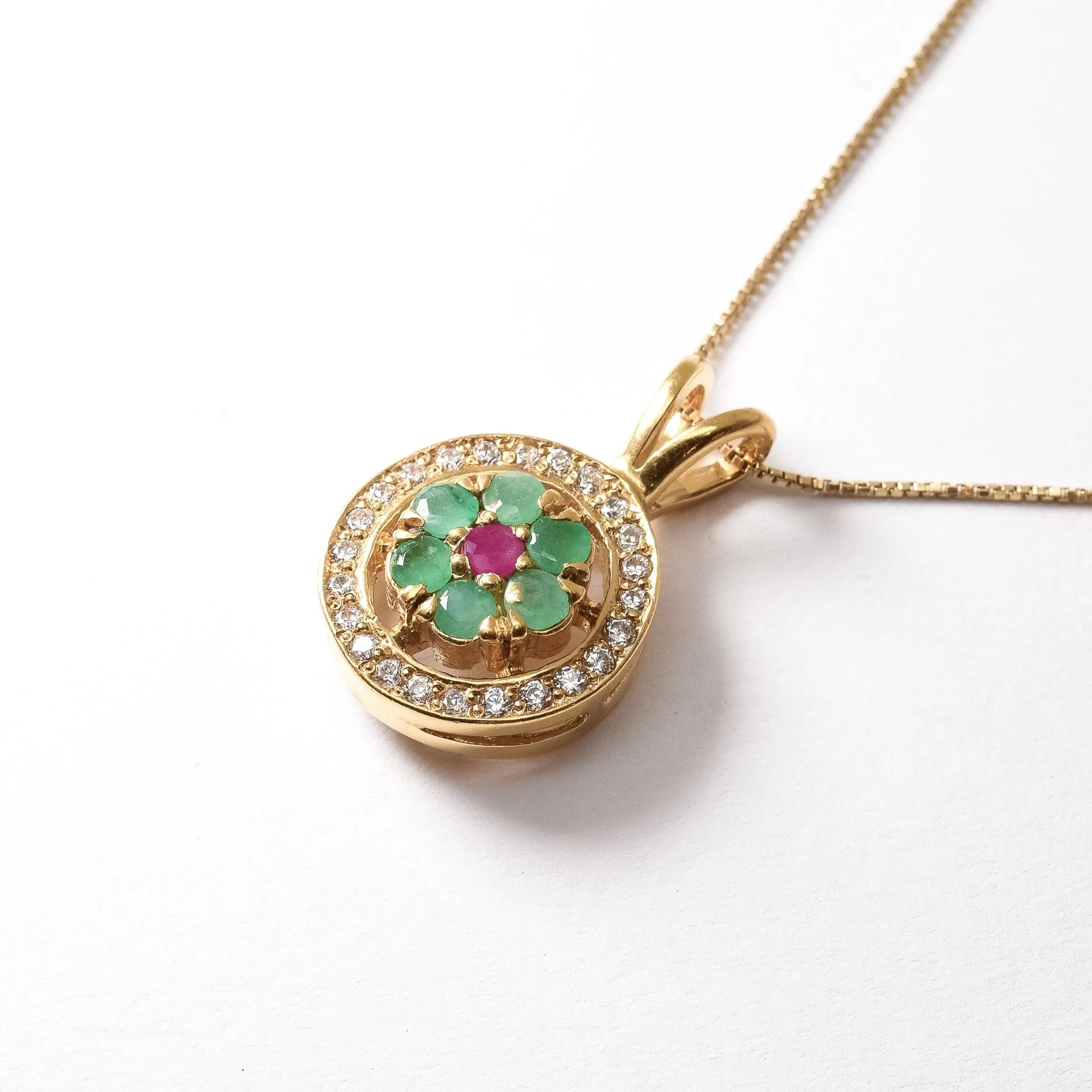 Emerald Flower Cluster Pendant - Natural Emerald Necklace, Gold Emerald Necklace