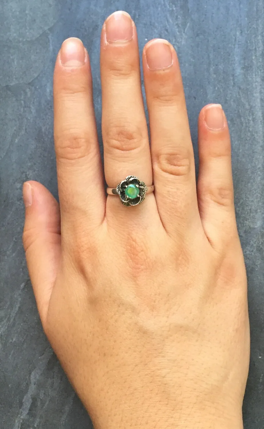 Emerald Flower Ring - Vintage Flower Ring - Rose Emerald Ring