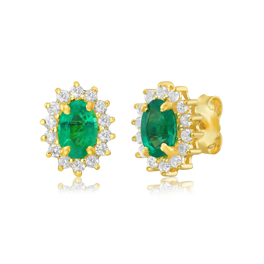 Emerald Oval Shape With Halo Diamonds Studs Earrings (1.10 ct.) in 14K Gold