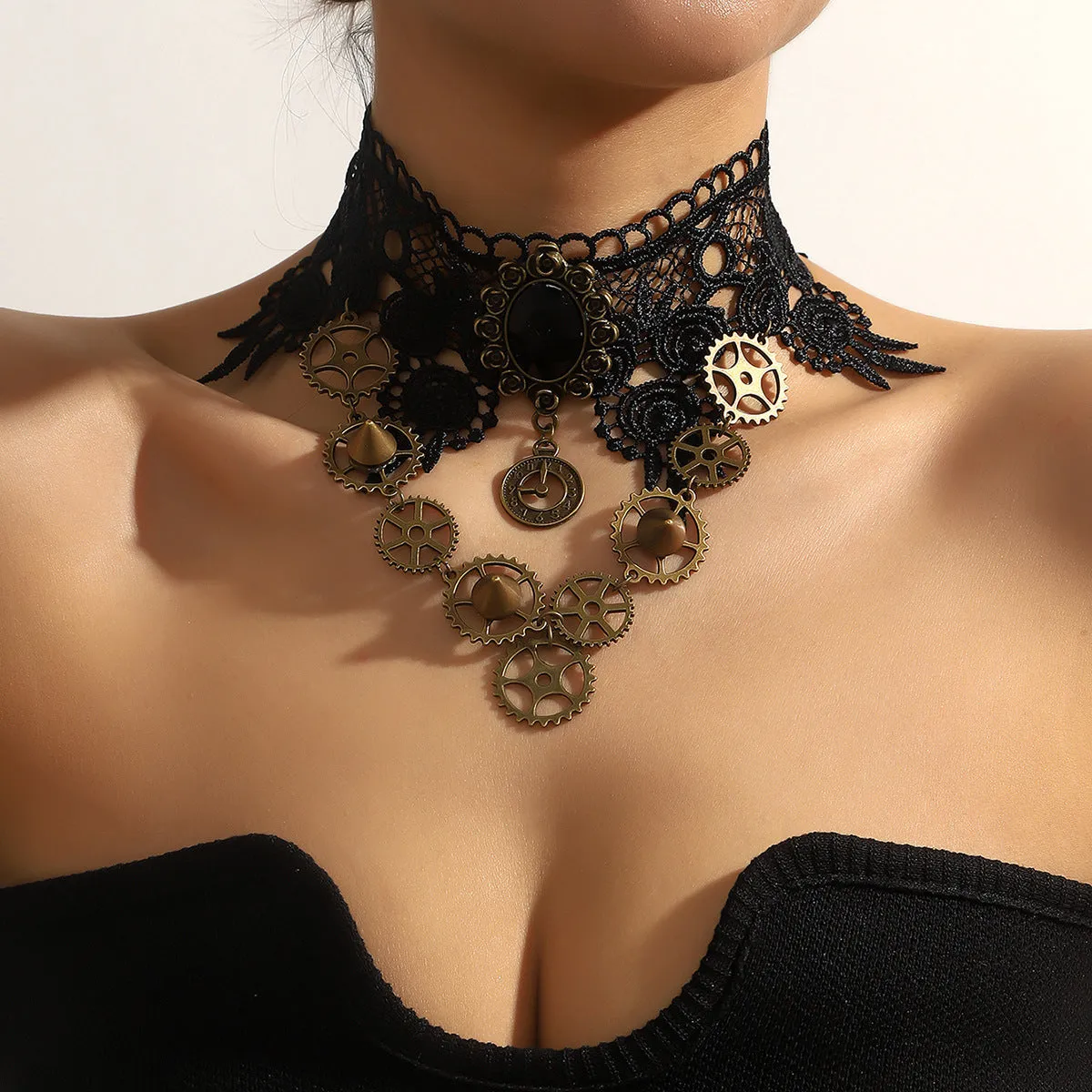 Exaggerated Gothic Black Lace Gear Necklace