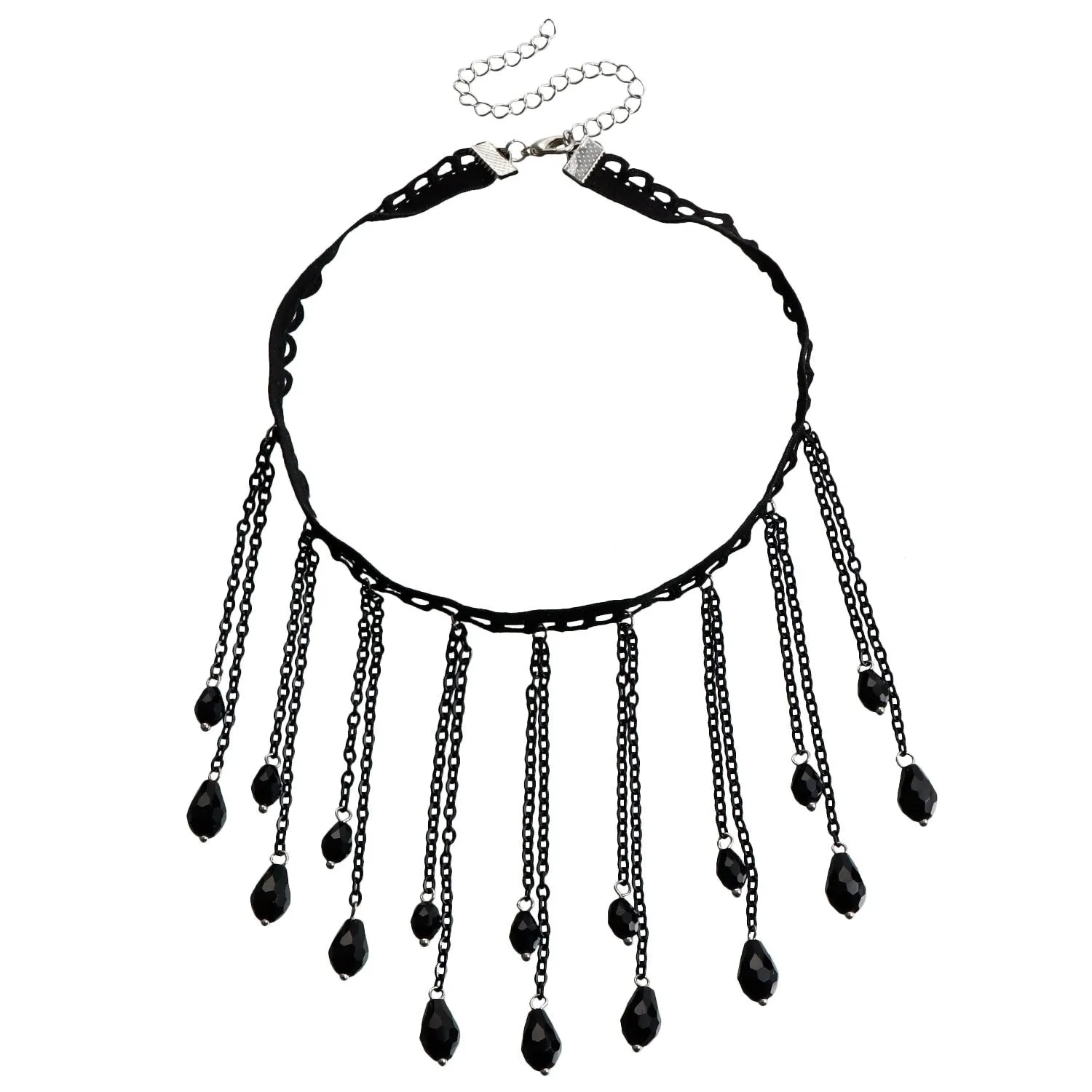 French Black Crystal Water Drop Tassel Lolita Lace Necklace