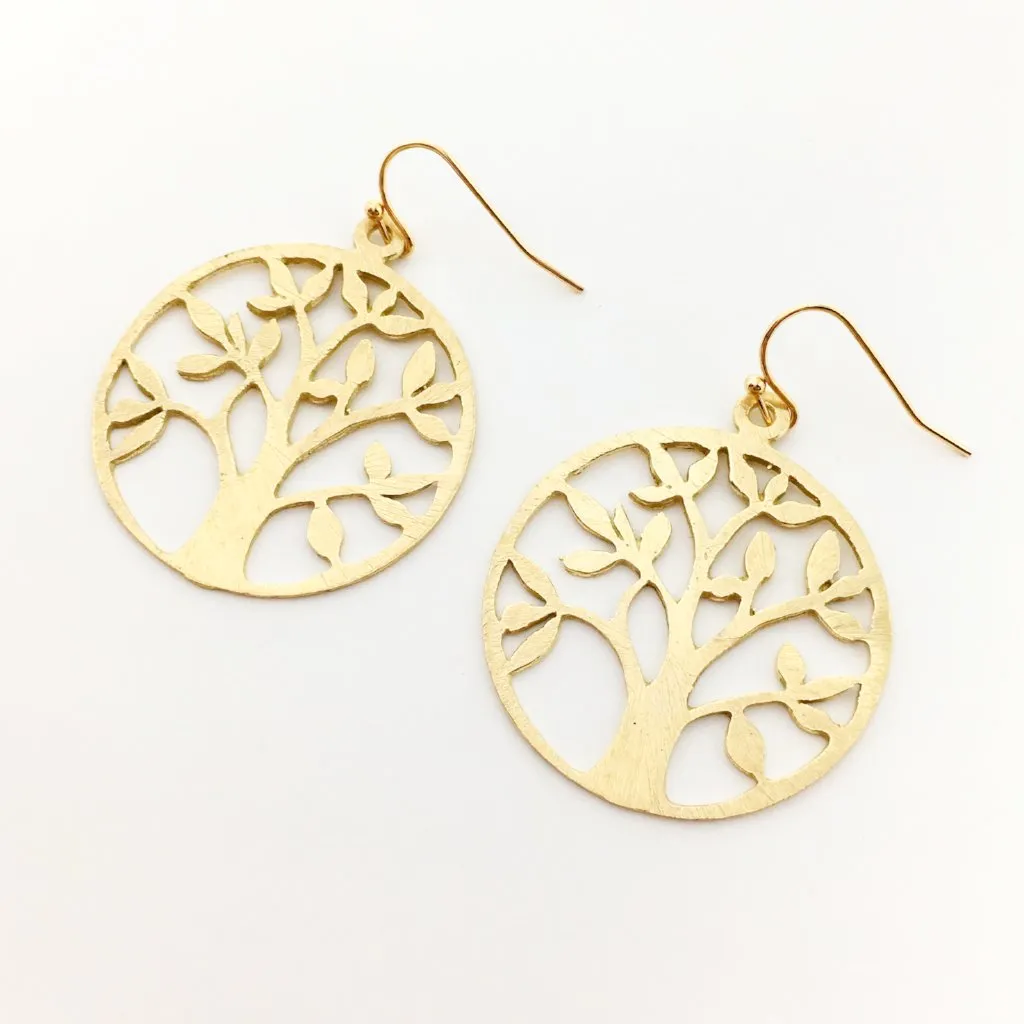 Freya Brushed Tree Of Life Earrings | Gold