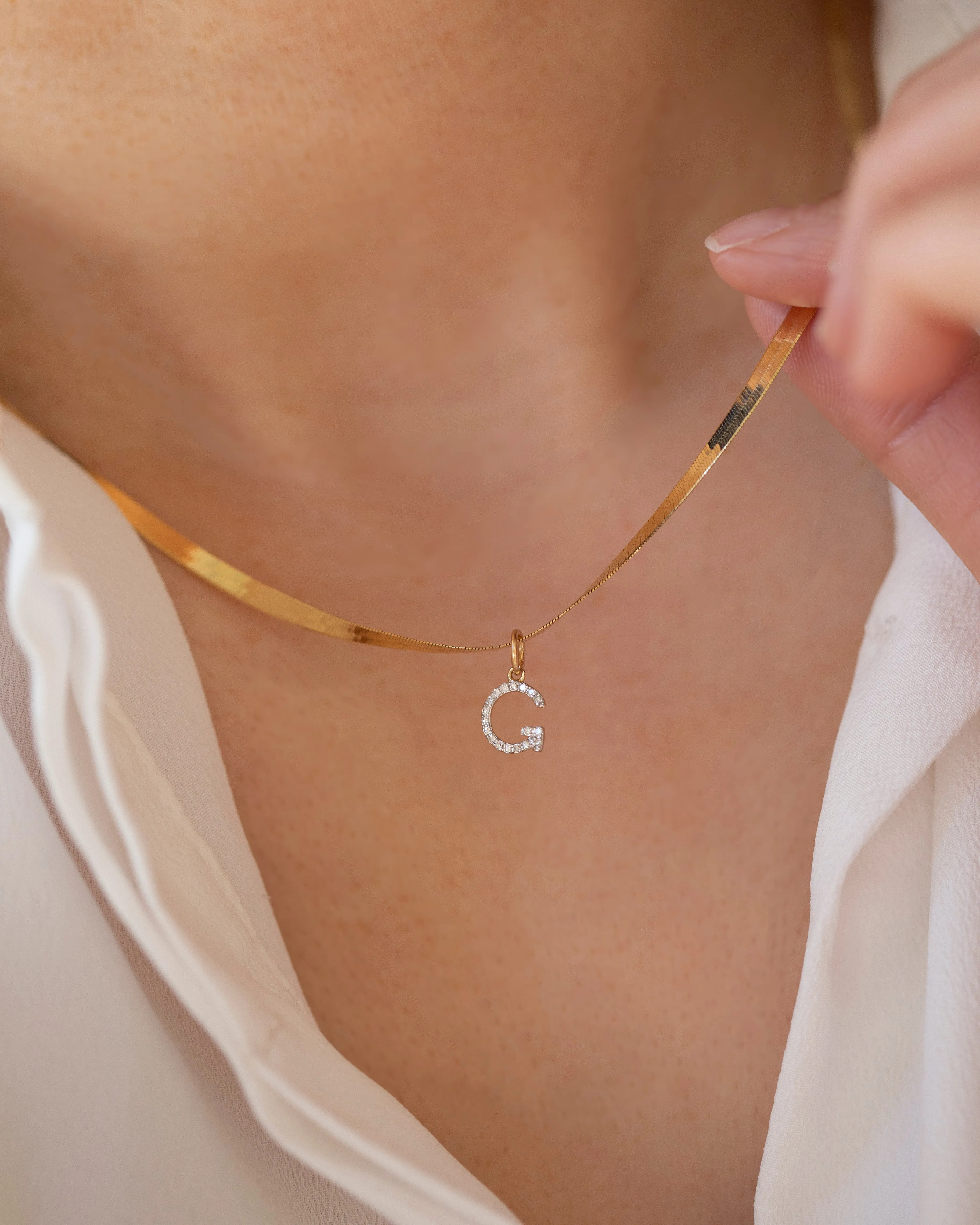 Genuine Diamond Initial on 14k Herringbone Chain Necklace