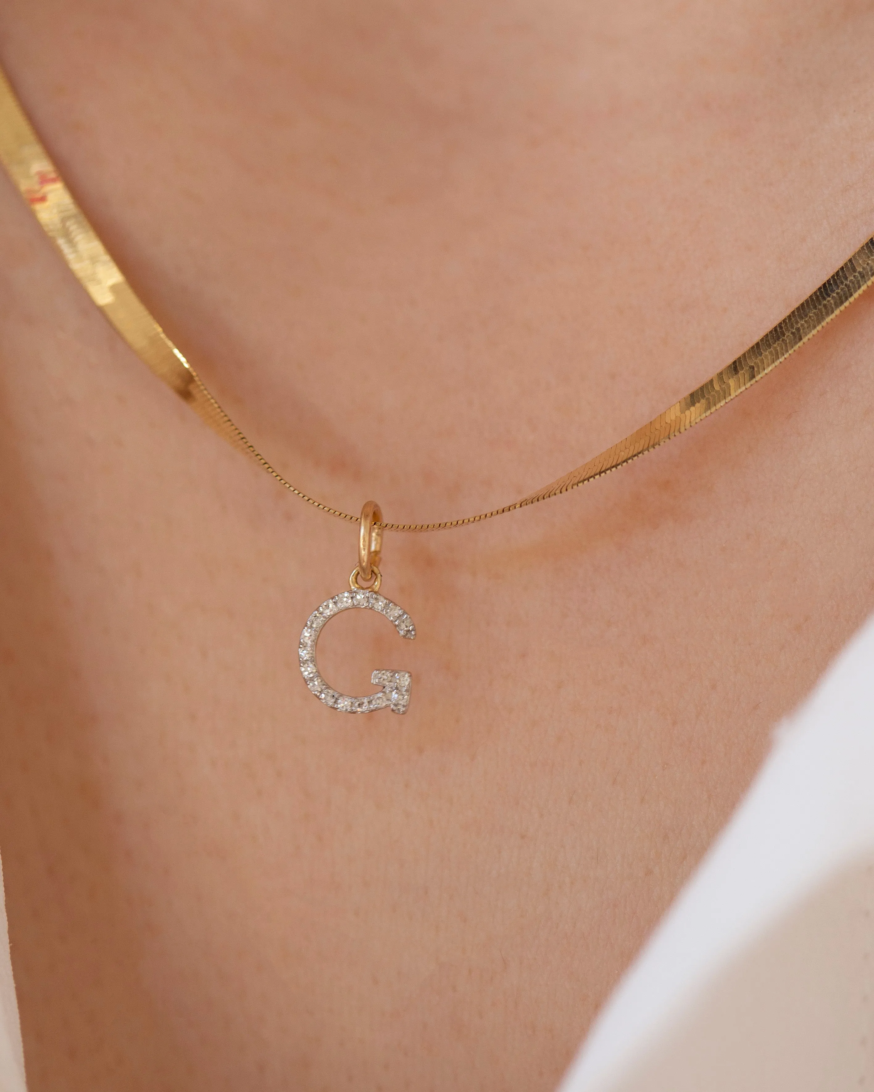 Genuine Diamond Initial on 14k Herringbone Chain Necklace