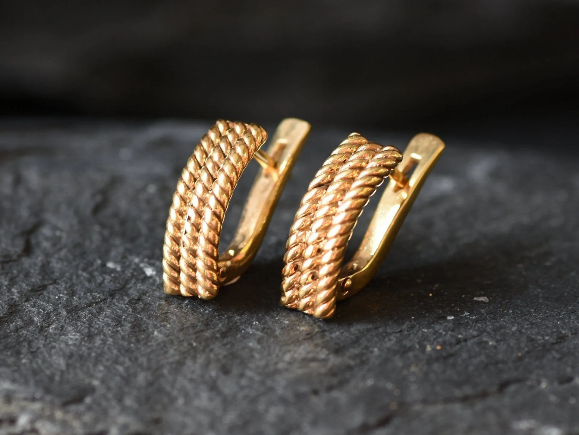 Gold Braided Earrings - Half Hoops Rope Earrings, Gold Weaved Earrings