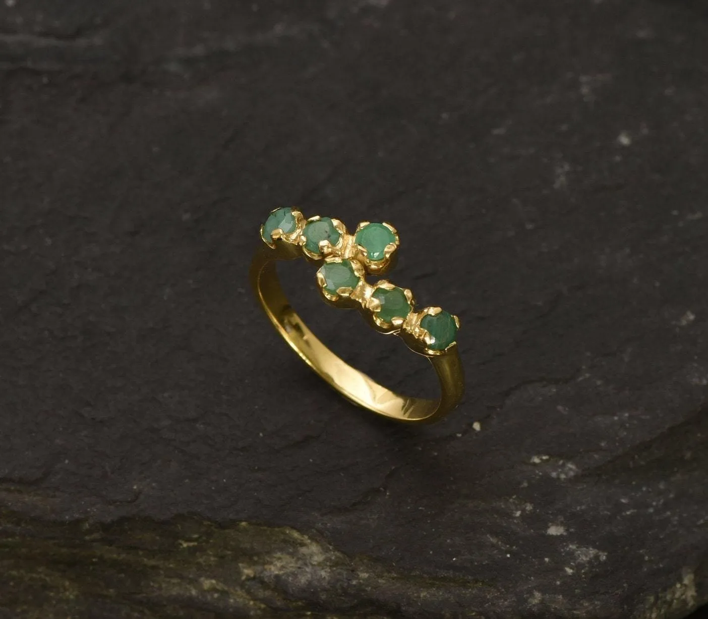 Gold Emerald Bypass Ring, Natural Emerald Ring, Gold Stackable Emerald Band