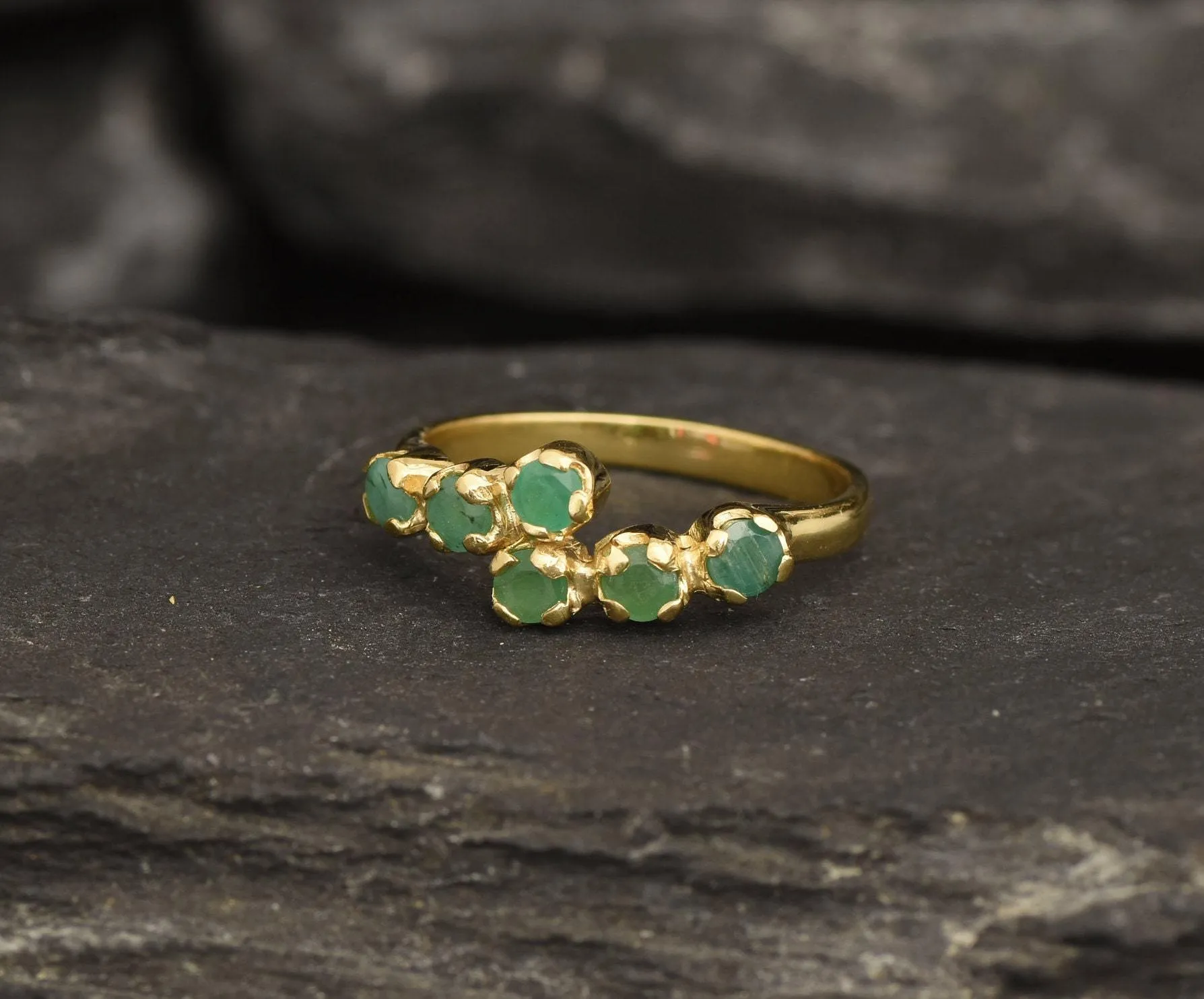 Gold Emerald Bypass Ring, Natural Emerald Ring, Gold Stackable Emerald Band