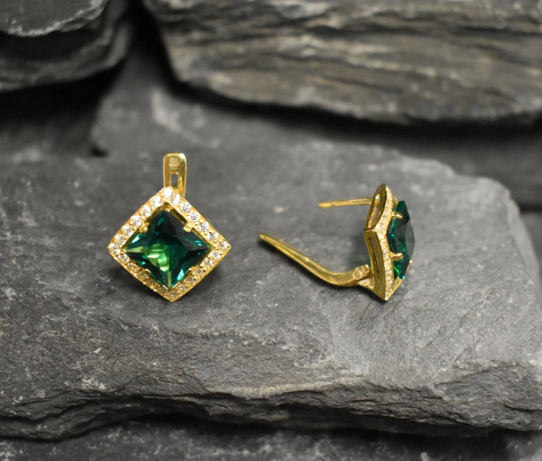 Gold Emerald Earrings - Green Square Studs, Vintage Emerald Earrings