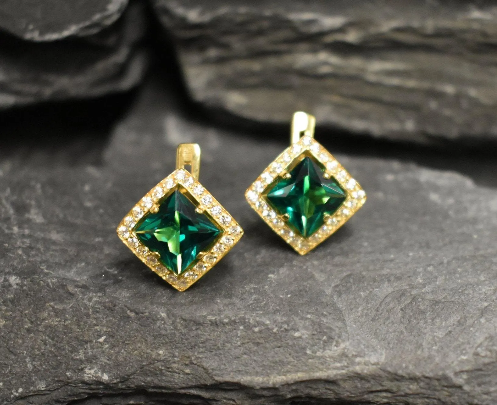 Gold Emerald Earrings - Green Square Studs, Vintage Emerald Earrings