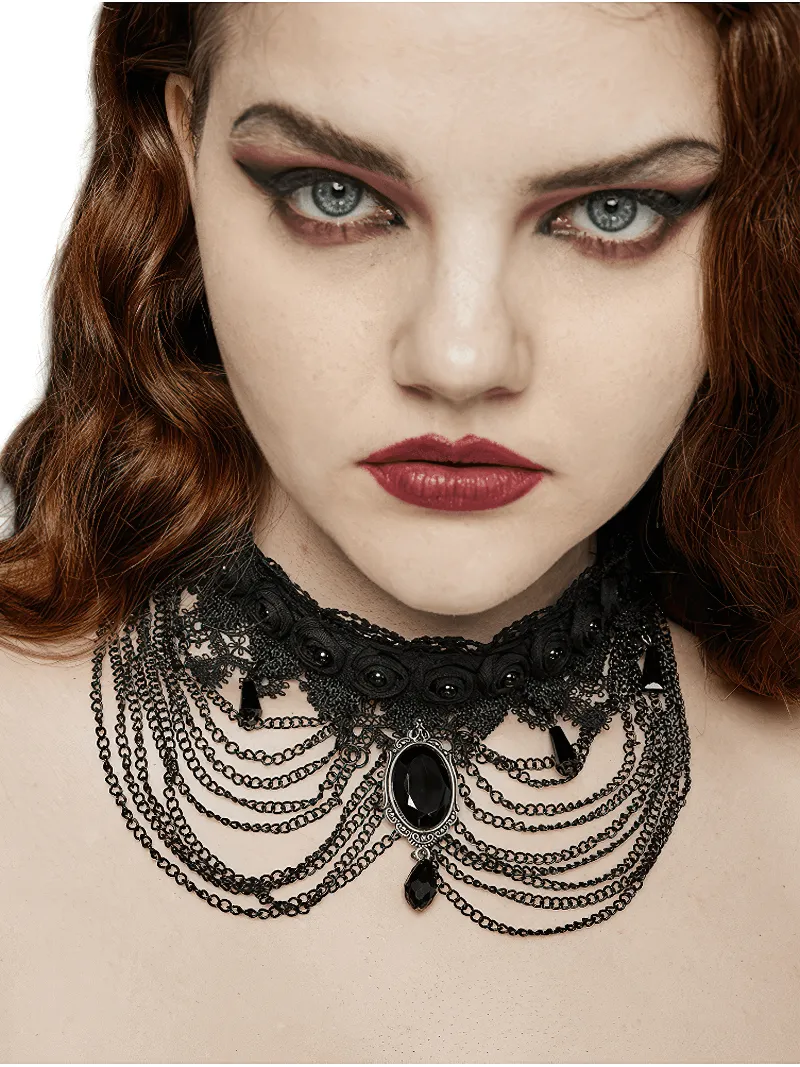 Gothic Black Lace and Chain Collar Choker for Women