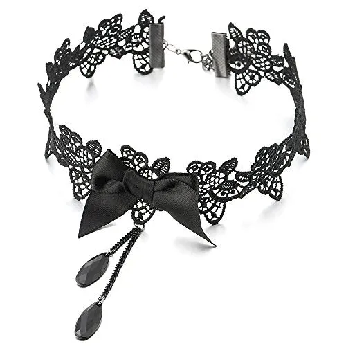 Gothic Victorian Nostalgic Women Black Lace Bow Choker Necklace with Black Chain Beads Charm Pendant