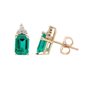 Green Emerald Earrings with Diamonds Emerald Cut Studs in 14K Gold