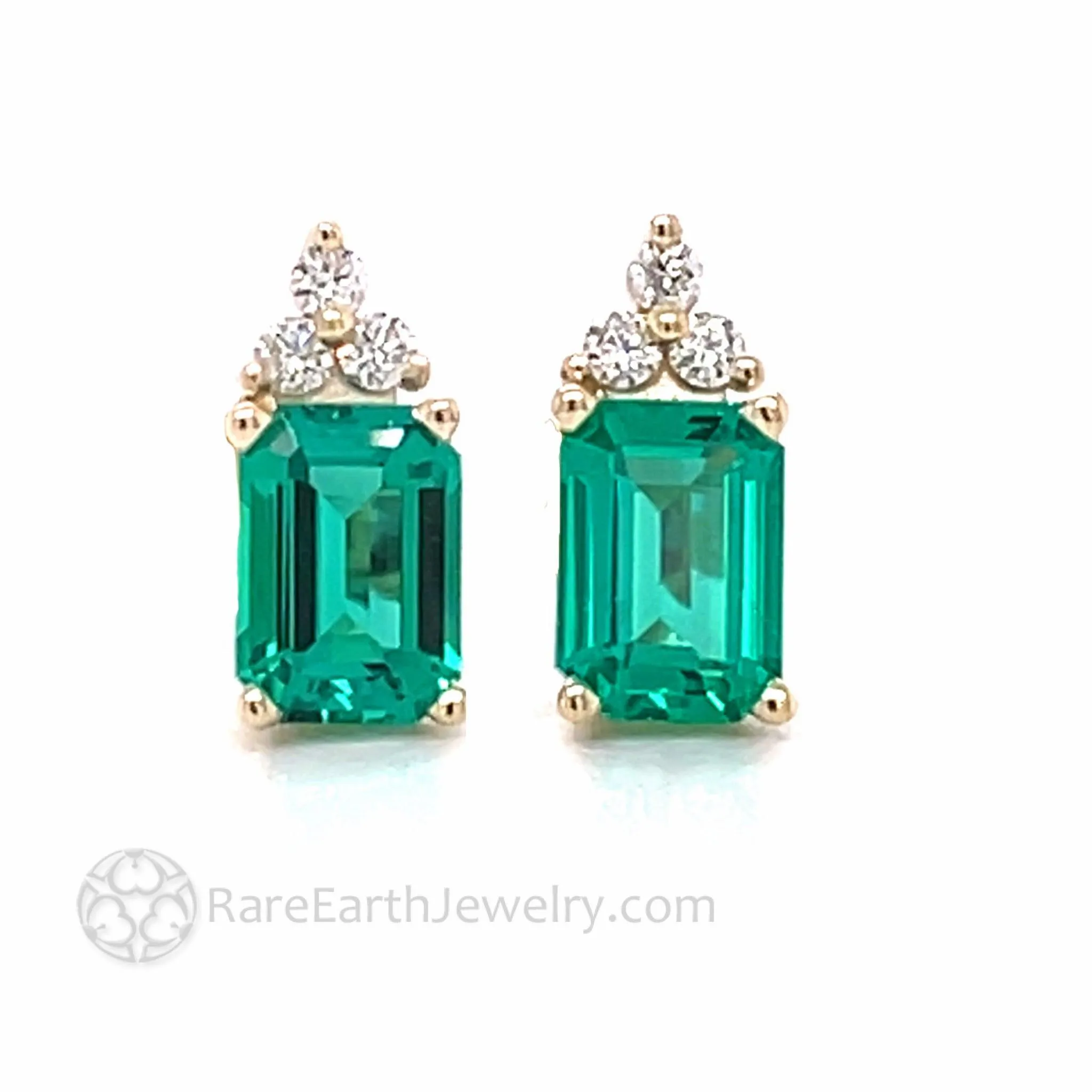 Green Emerald Earrings with Diamonds Emerald Cut Studs in 14K Gold