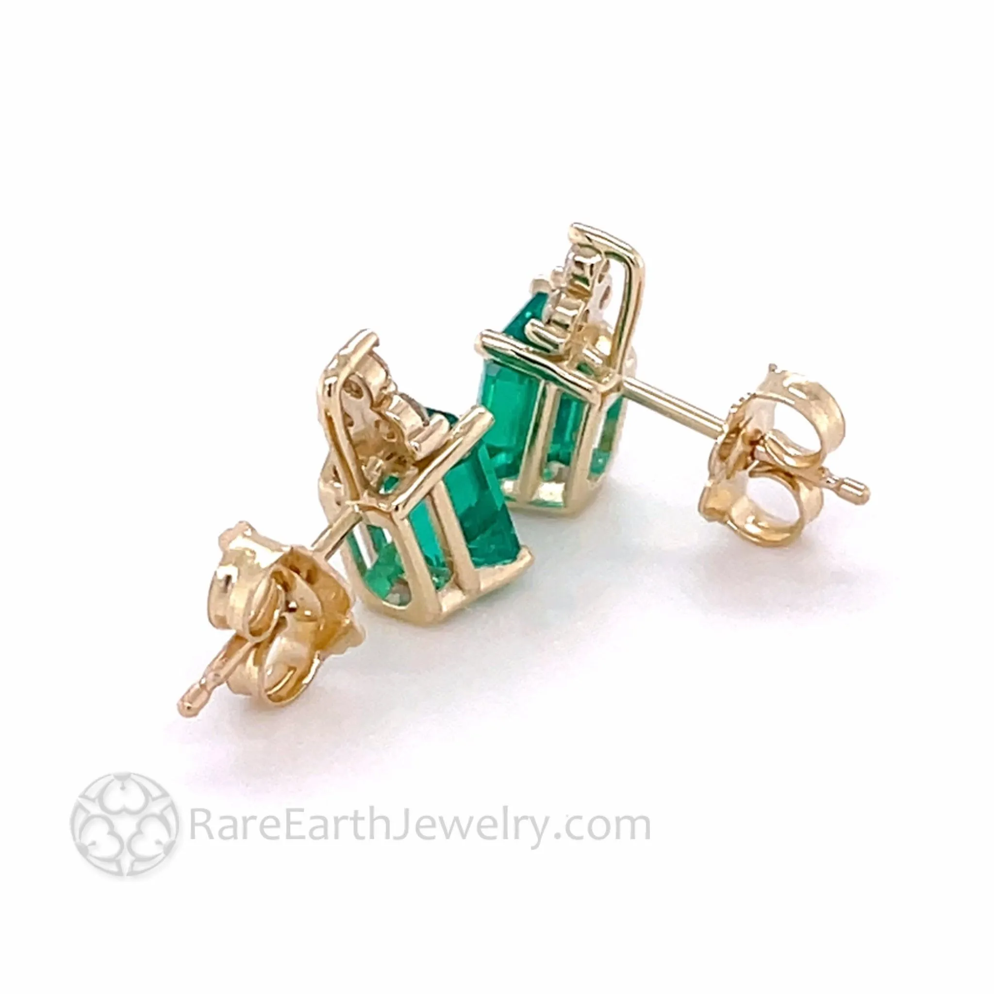 Green Emerald Earrings with Diamonds Emerald Cut Studs in 14K Gold