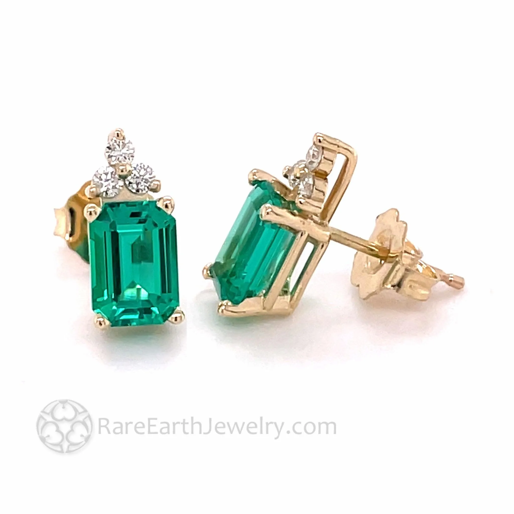 Green Emerald Earrings with Diamonds Emerald Cut Studs in 14K Gold