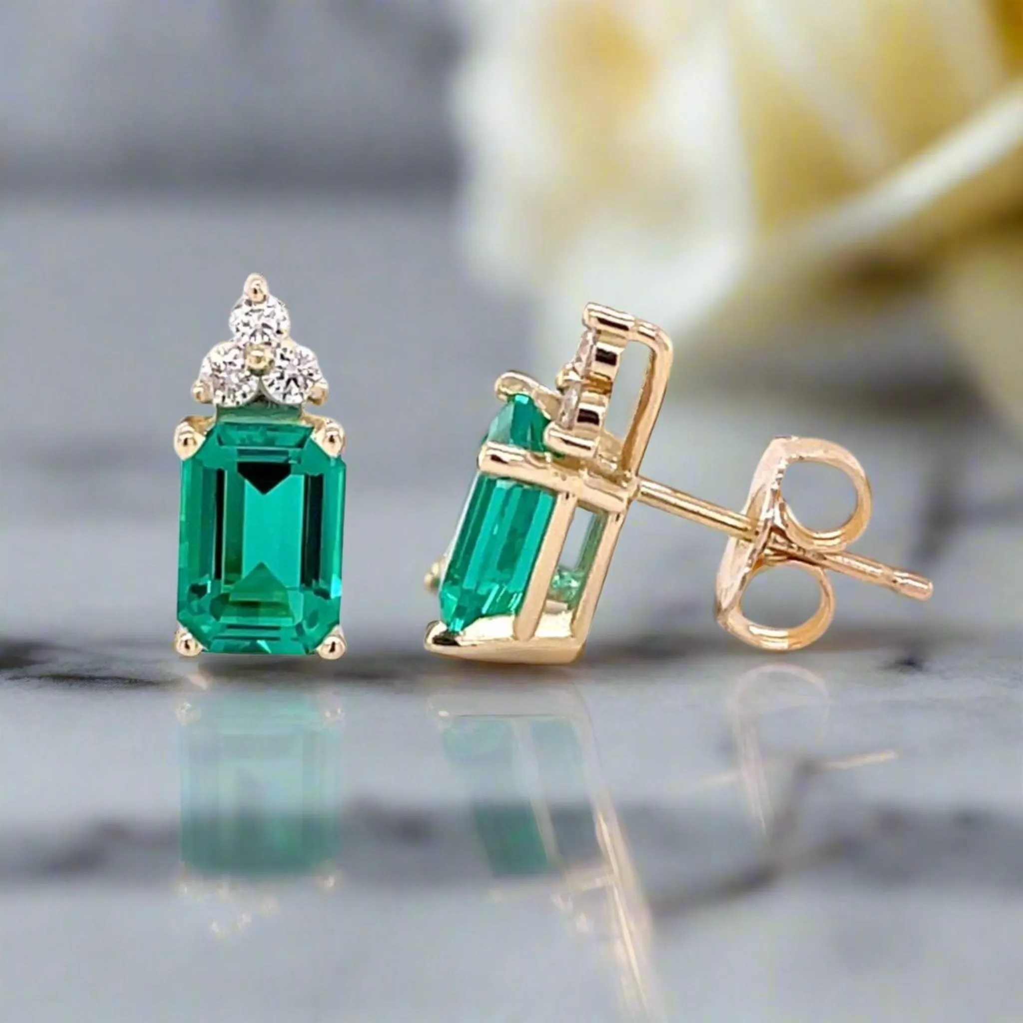 Green Emerald Earrings with Diamonds Emerald Cut Studs in 14K Gold