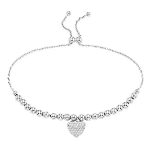 Heart Shaped Cubic Zirconia Silver Beaded Bolo Bracelet