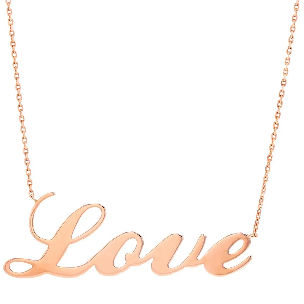 High Polish 14k Rose Gold Simple Love Script Pendant Necklace