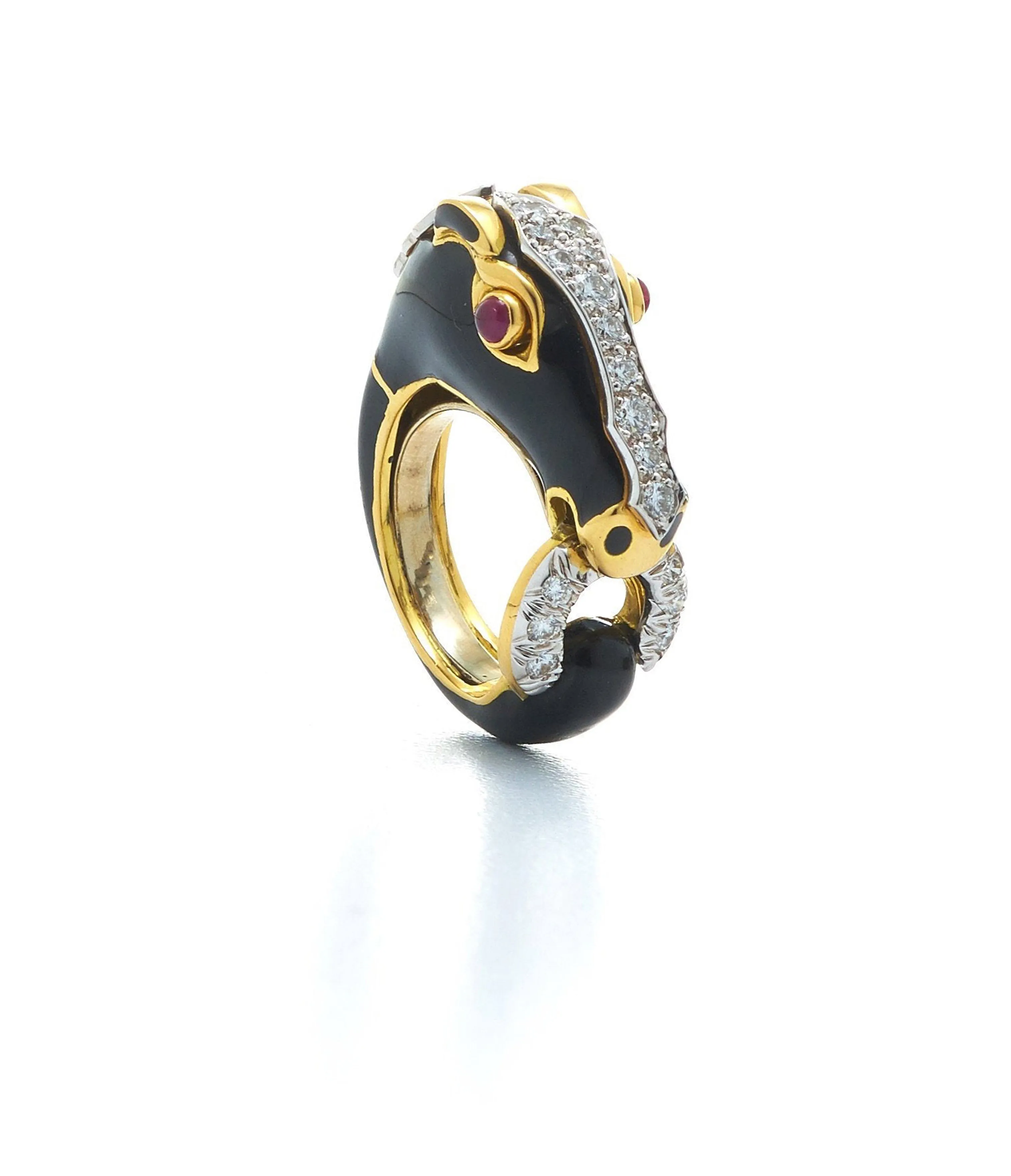 Horse Ring, Black Enamel, Ruby