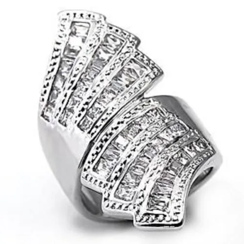 Jewellery Kingdom Ladies Cocktail Baguettes Silver Rhodium Long Sparkling Fan Ring