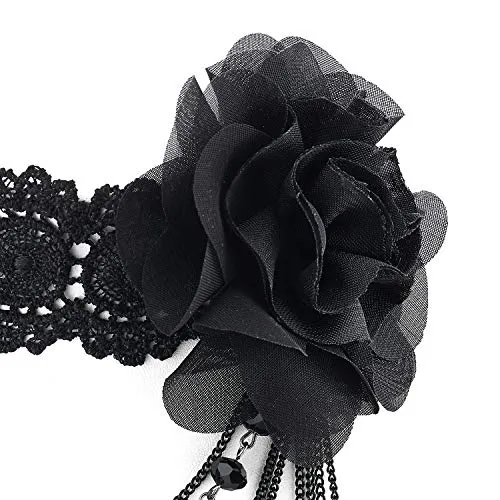 Ladies Women Black Lace Choker Necklace with Camellia Flower and Dangling Beads Charm Chains Pendant