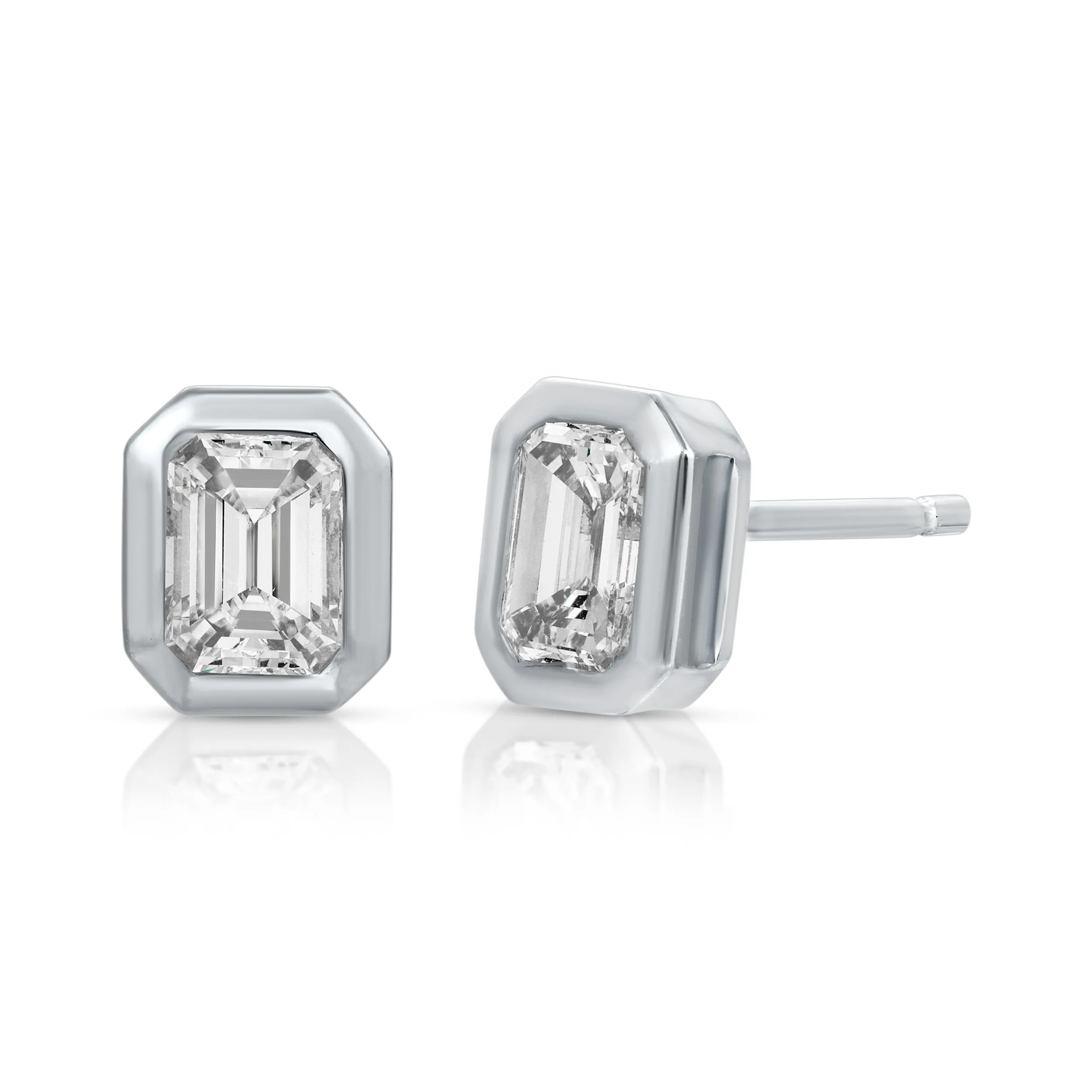 LARGE EMERALD CUT BEZEL DIAMOND STUDS