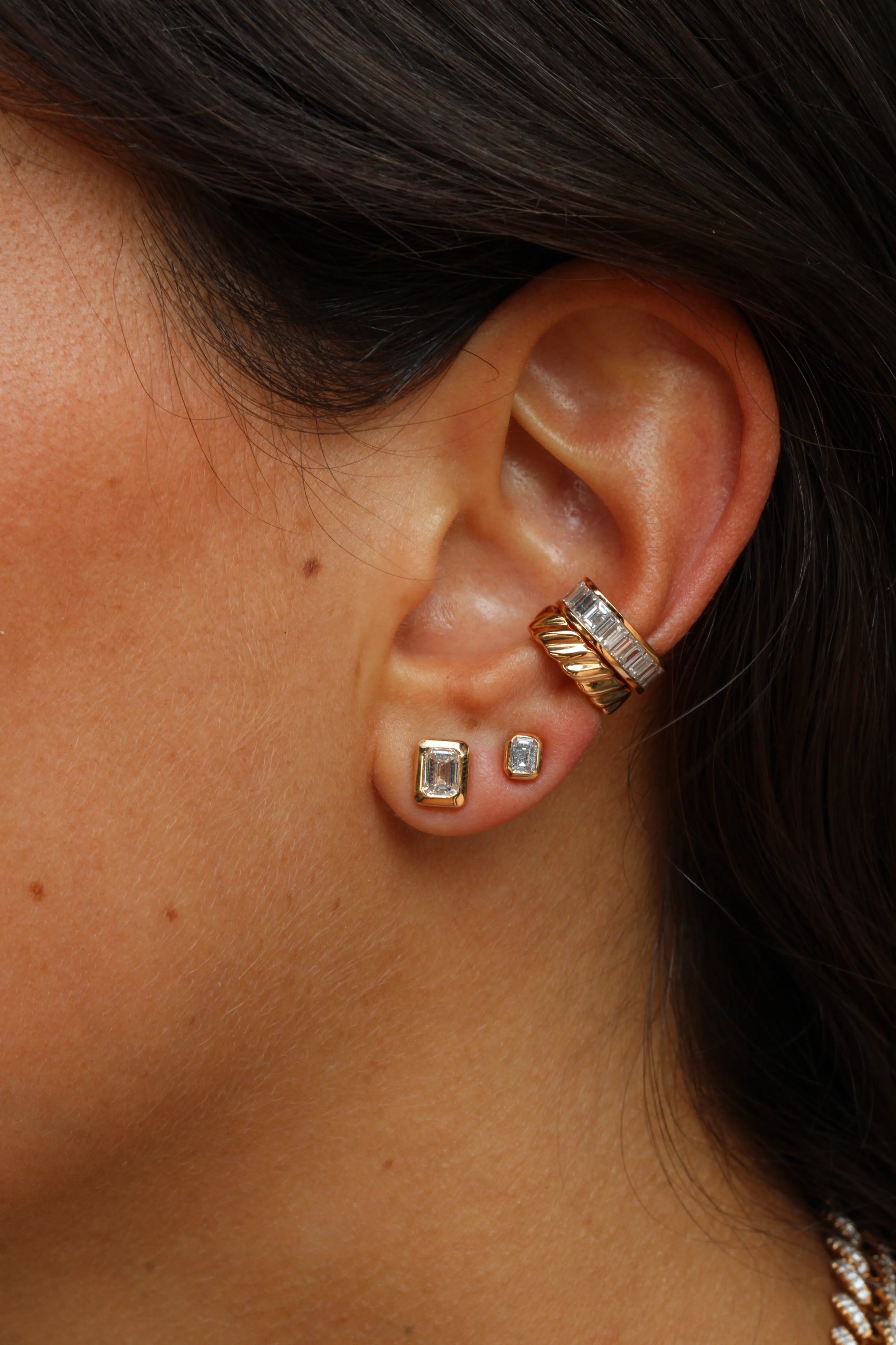 LARGE EMERALD CUT BEZEL DIAMOND STUDS