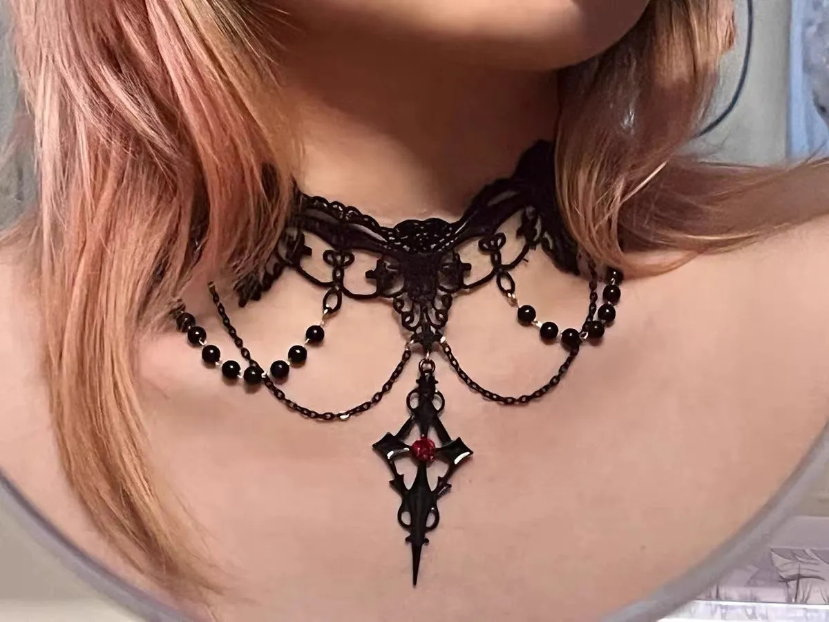 Lolita Gothic Lace Pearl Cross Necklace for Halloween