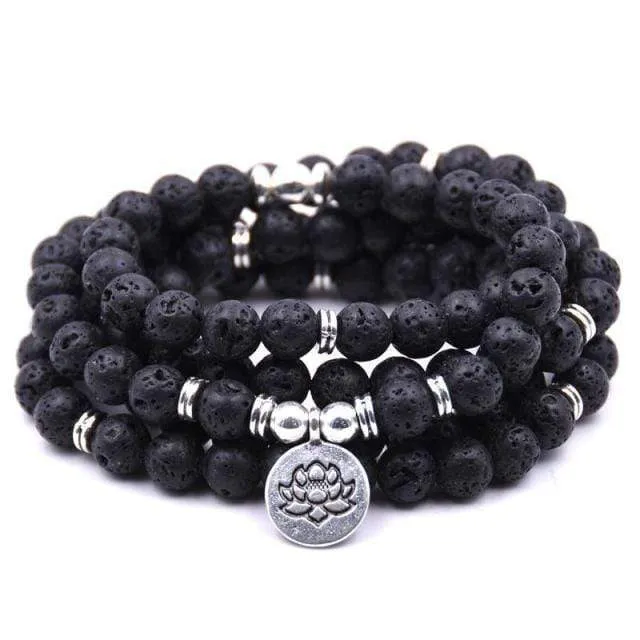 Lotus Black Lava Stone 108 Mala Beads