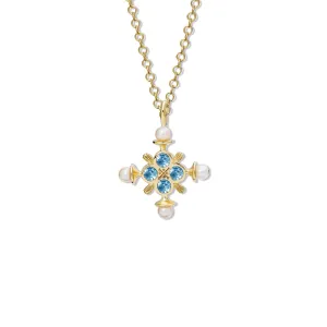 Madrid Large Cross Pendant Yellow Gold - Blue Topaz & Pearl