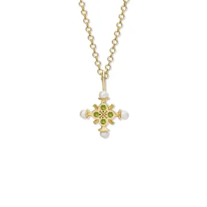 Madrid Small Cross Pendant Yellow Gold - Peridot & Pearl