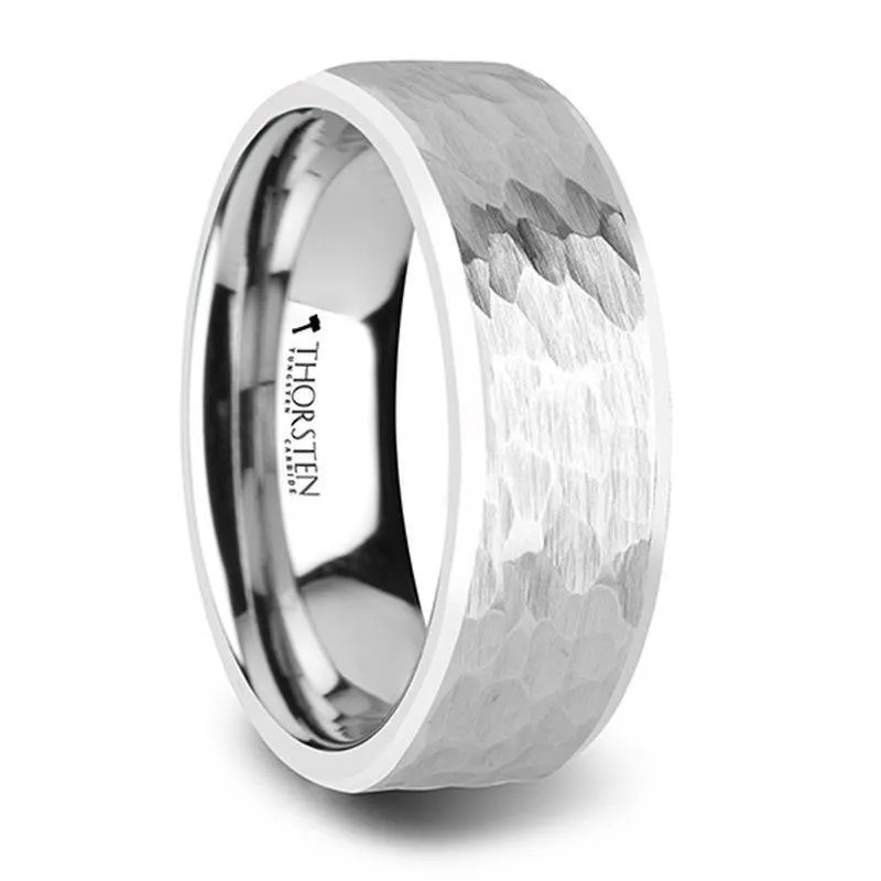 MARTEL White Tungsten Ring with Hammered Finish and Polished Bevels - 8mm & 10mm