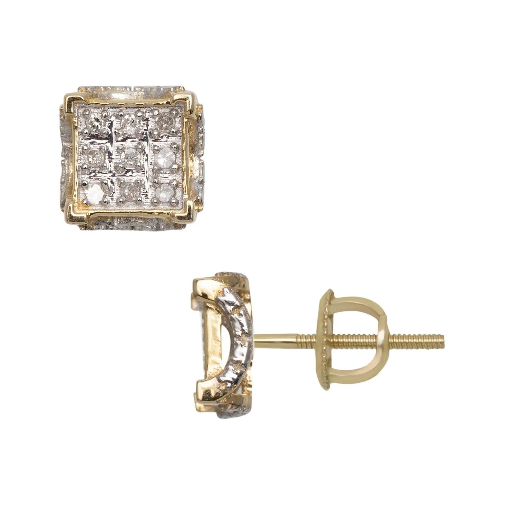 Men's Micro-Pavé Square Design Diamond Stud Earrings 0.09ct 10K Yellow Gold