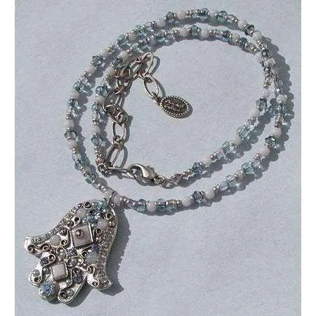 Michal Golan Blue Lace and Agate Hamsa Necklace