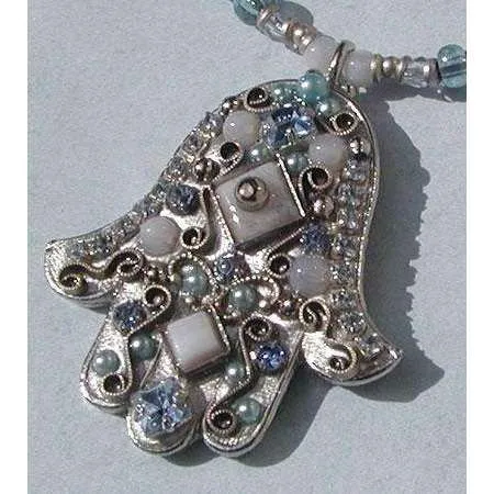 Michal Golan Blue Lace and Agate Hamsa Necklace