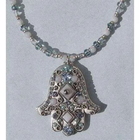 Michal Golan Blue Lace and Agate Hamsa Necklace