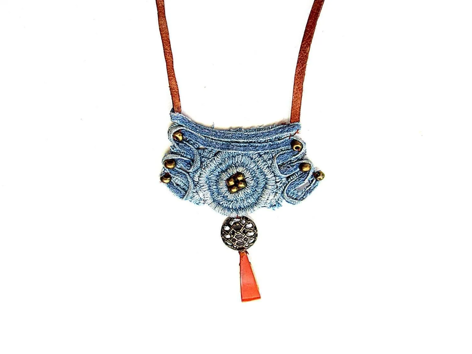 Necklace made of denim lace with a special coating for allergy sufferers and hot climates