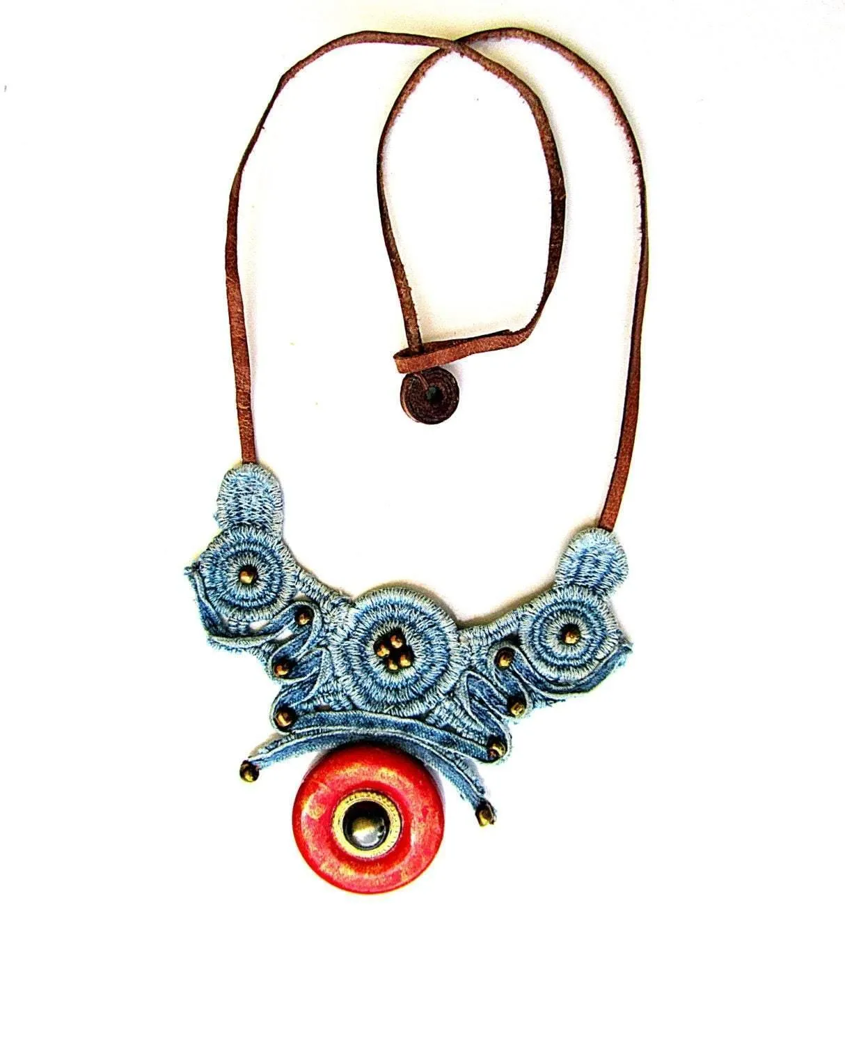 Necklace made of denim lace with a special coating for allergy sufferers and hot climates