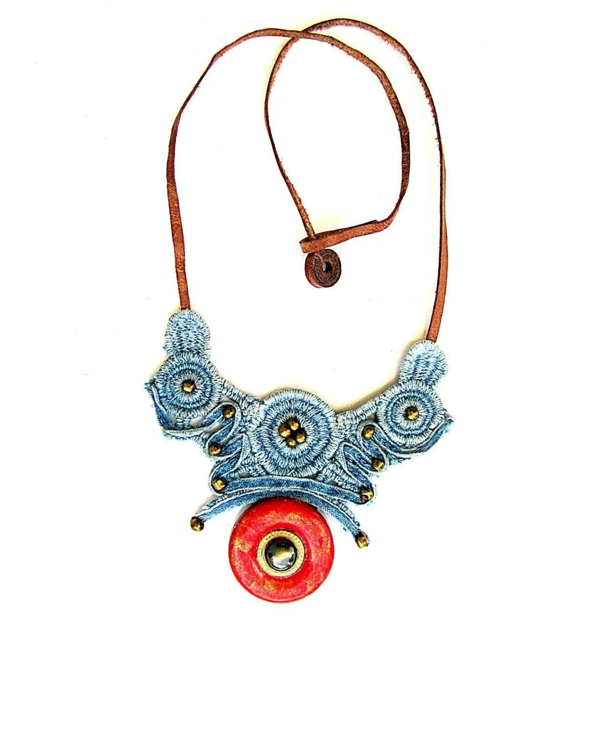 Necklace made of denim lace with a special coating for allergy sufferers and hot climates