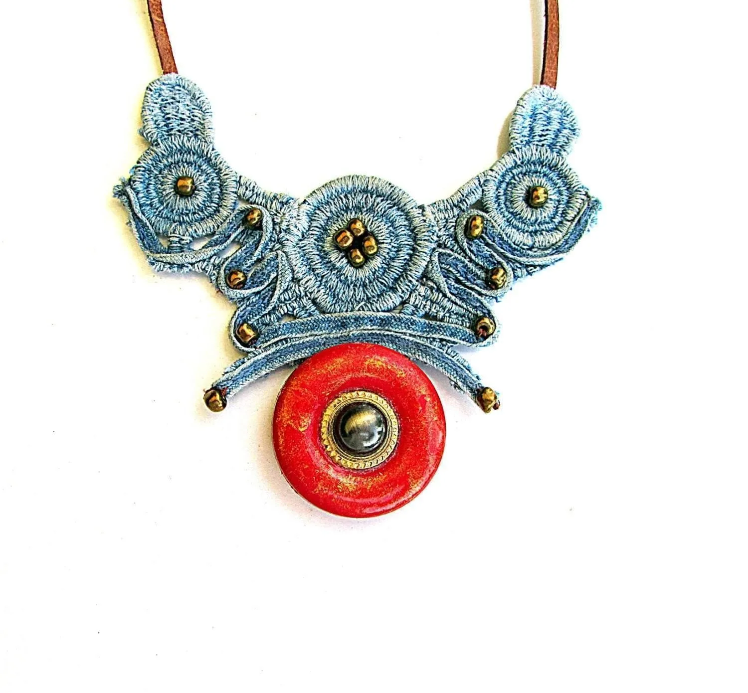 Necklace made of denim lace with a special coating for allergy sufferers and hot climates