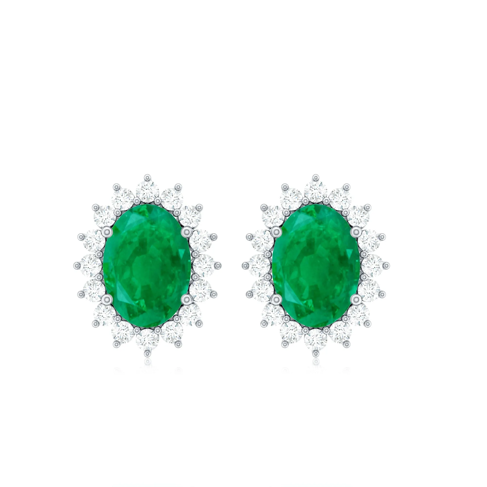 Oval Cut Natural Emerald Stud Earrings with Diamond Halo