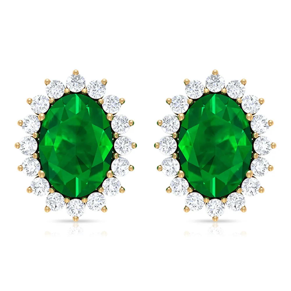 Oval Cut Natural Emerald Stud Earrings with Diamond Halo