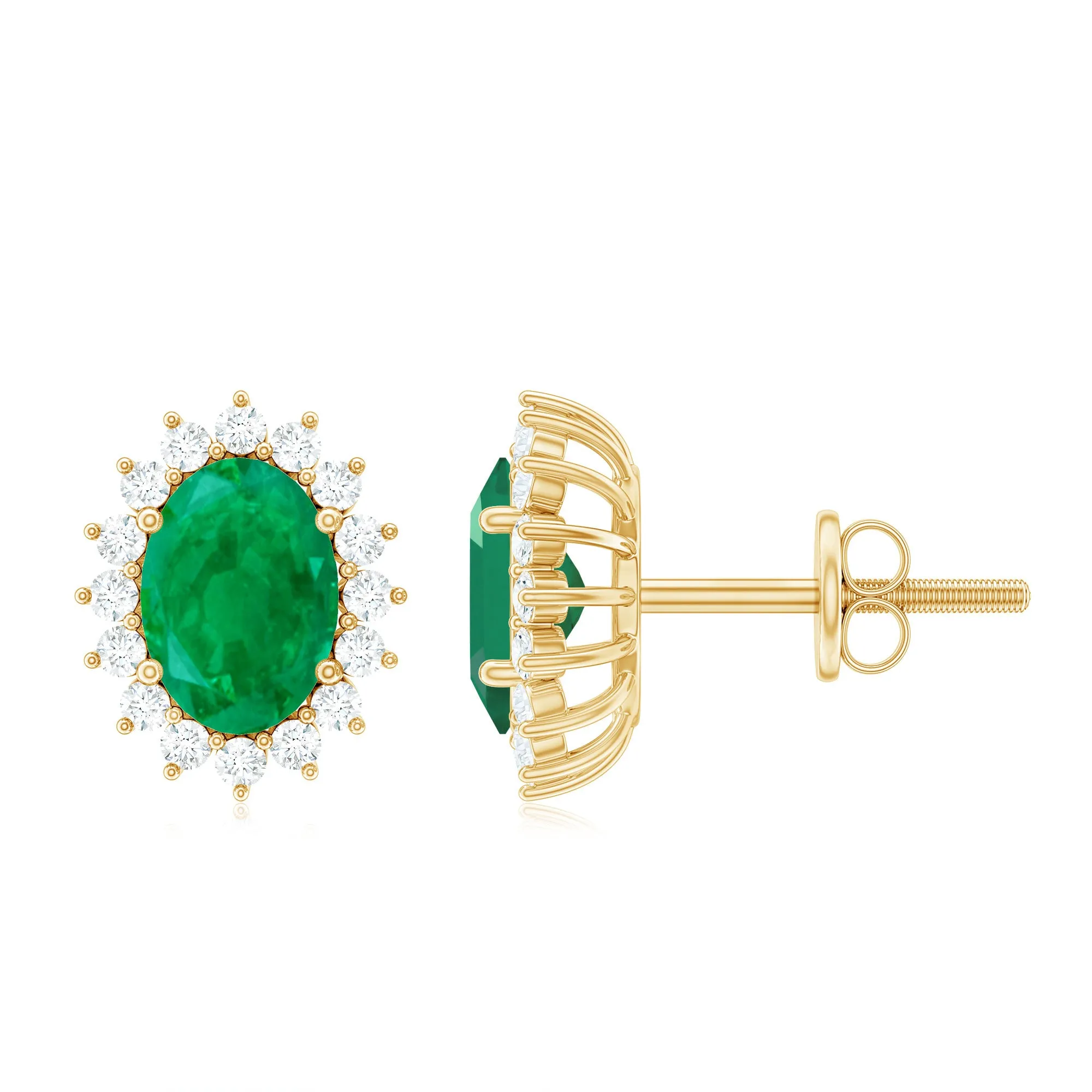 Oval Cut Natural Emerald Stud Earrings with Diamond Halo