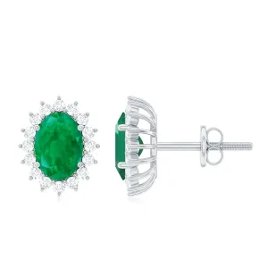 Oval Cut Natural Emerald Stud Earrings with Diamond Halo