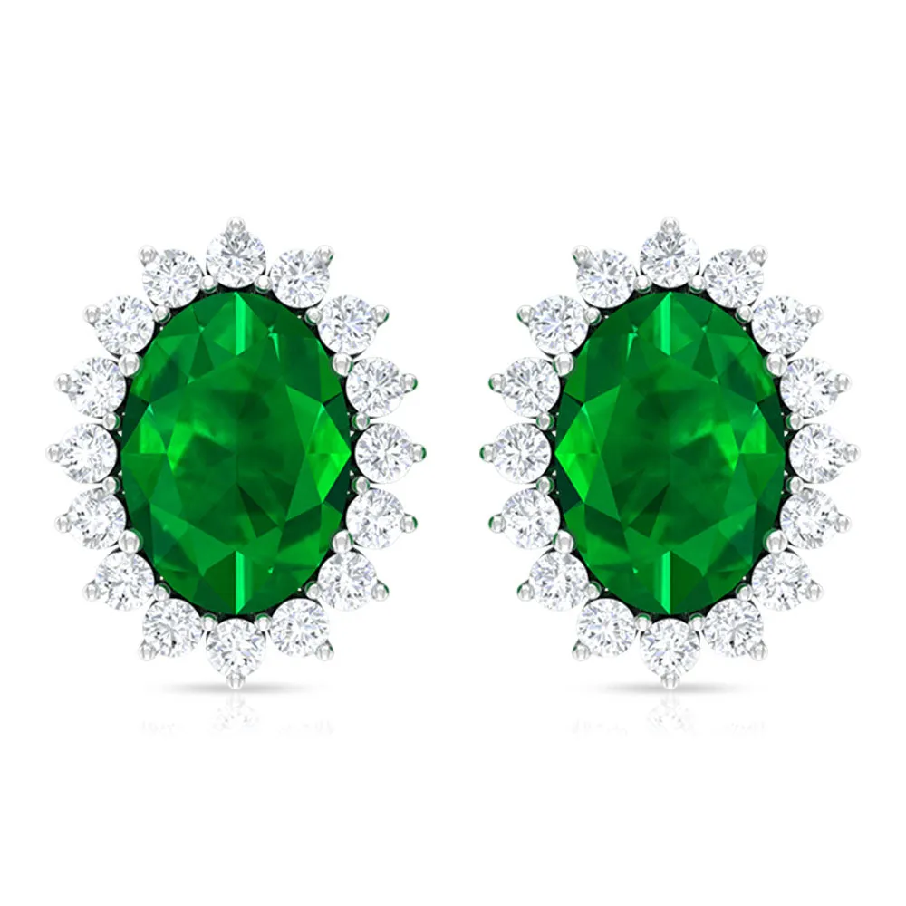 Oval Cut Natural Emerald Stud Earrings with Diamond Halo