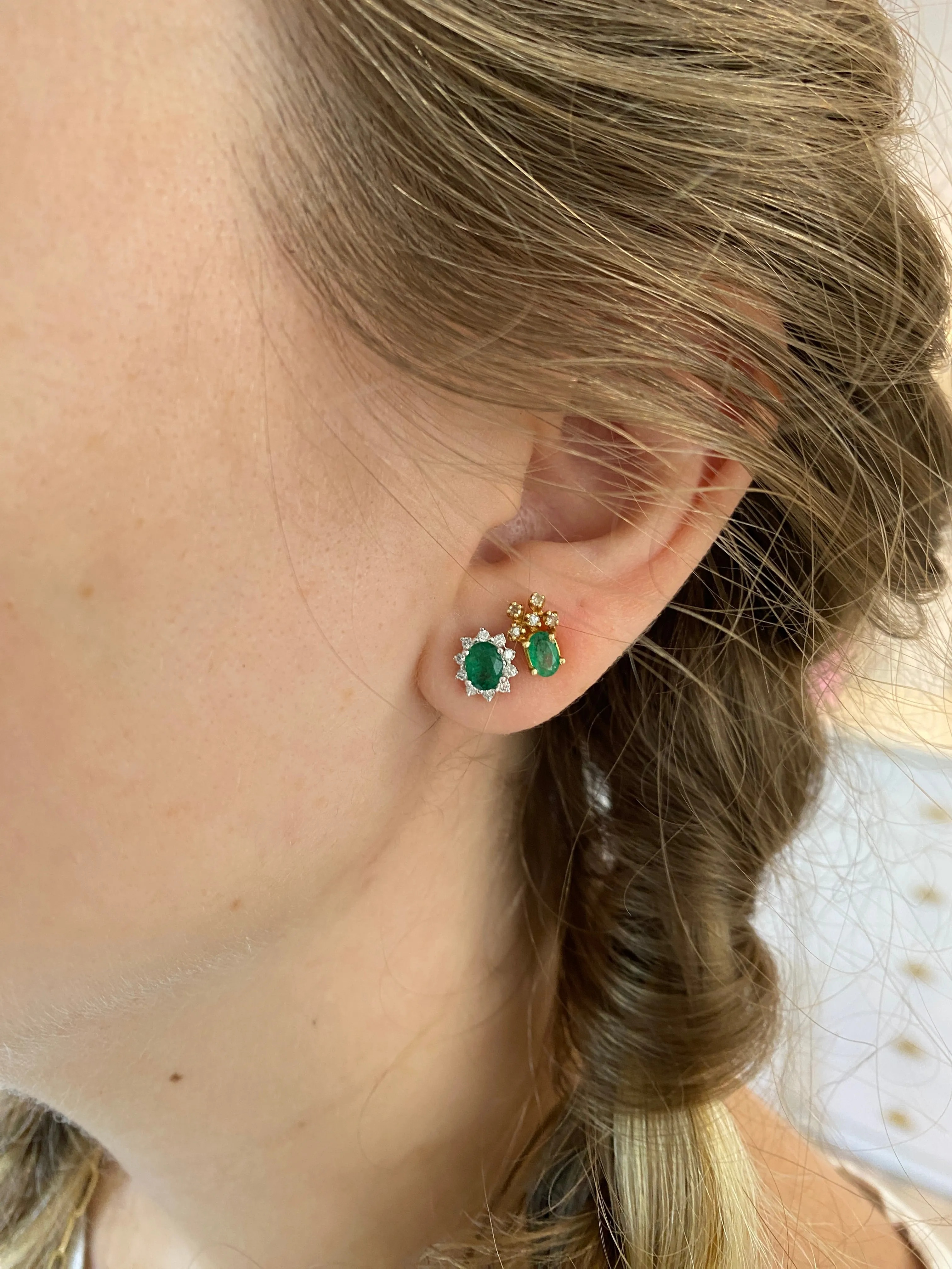 Oval Emerald Studs with Diamond Cluster