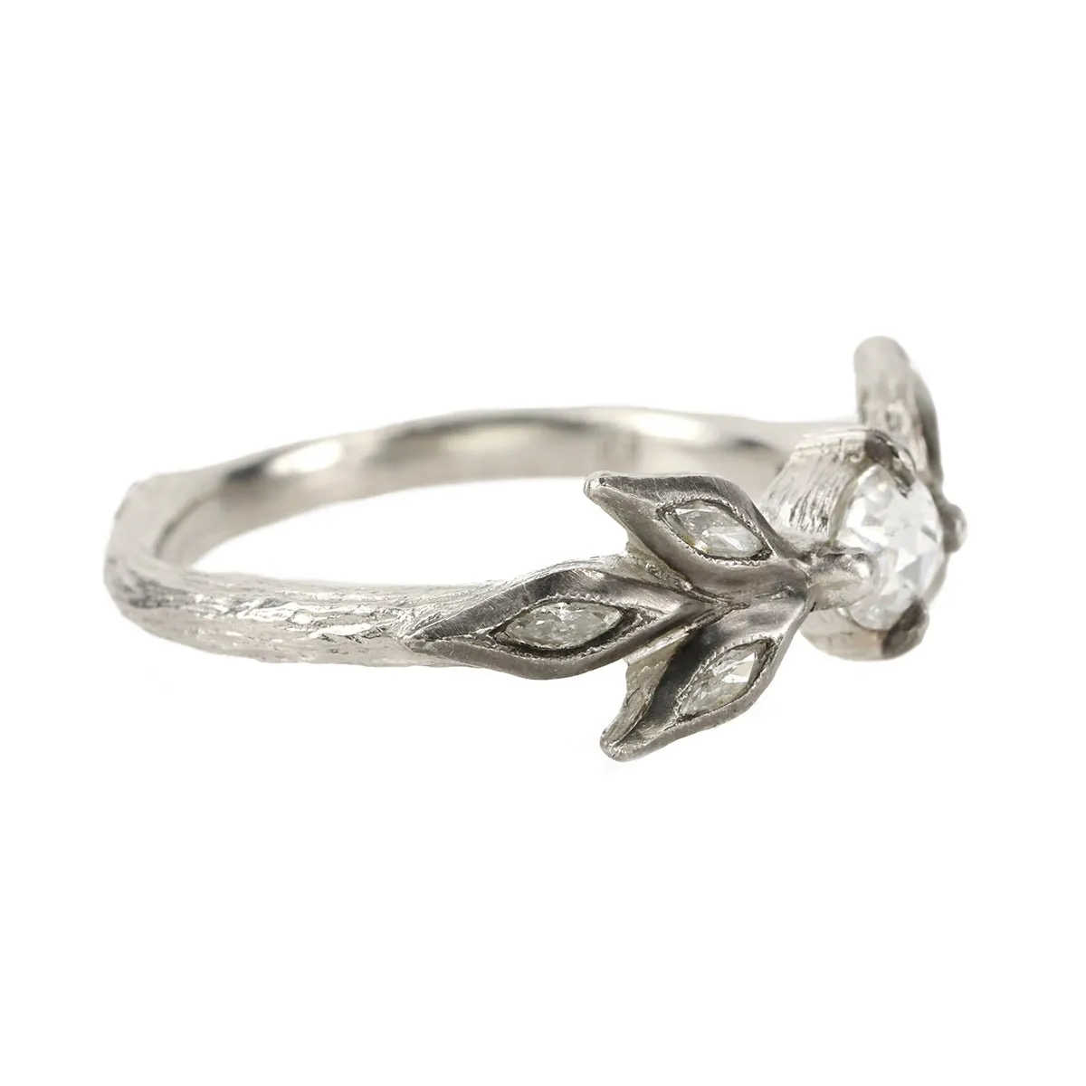 Platinum Oval Rosecut Diamond Ring with Marquise Diamond Leaves