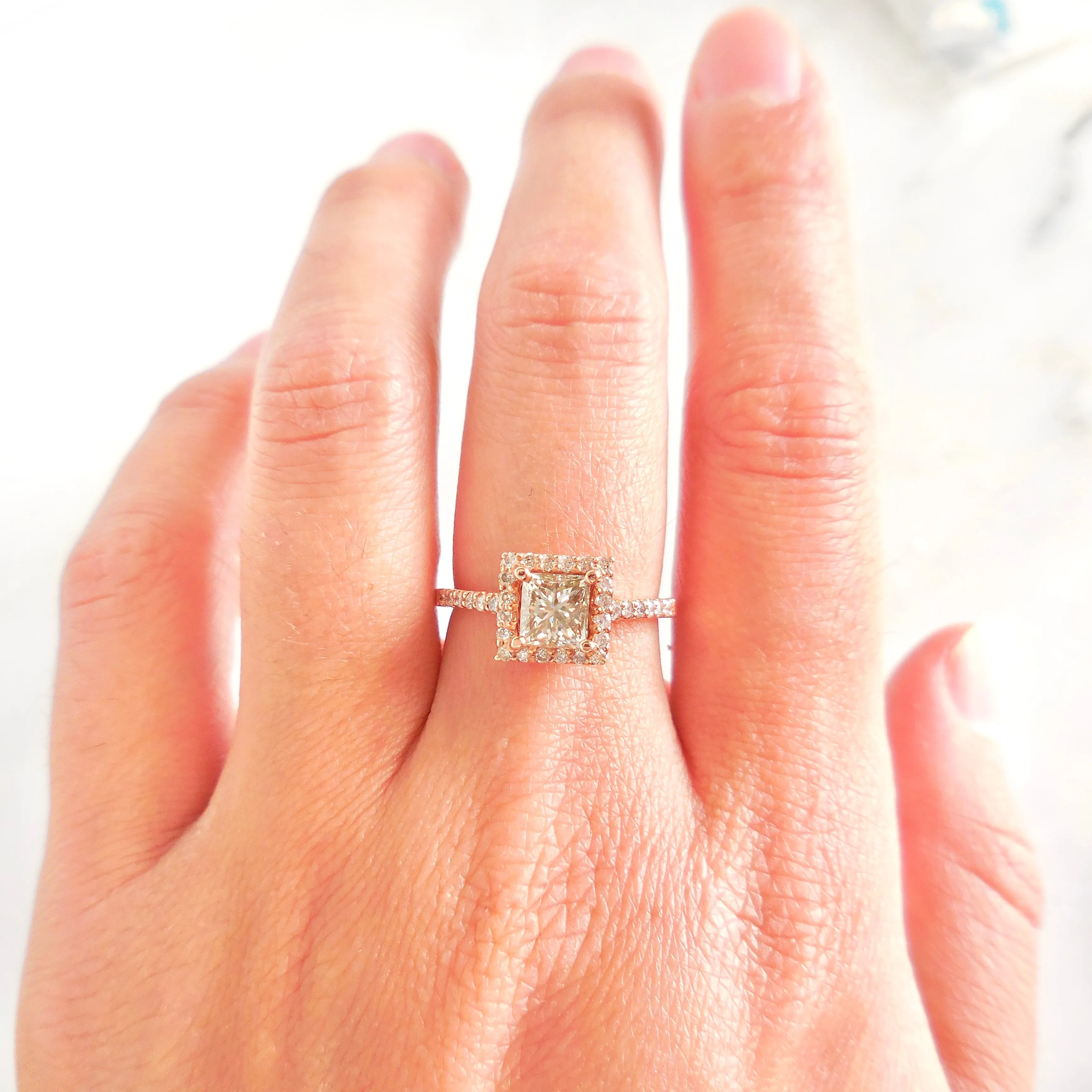 Princess Cut Diamond Halo Ring - Princess Diamond Rose Gold Ring - Rose Gold Womens Diamond Ring